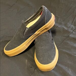 Vans Black and Tan Slip-Ons pop cush